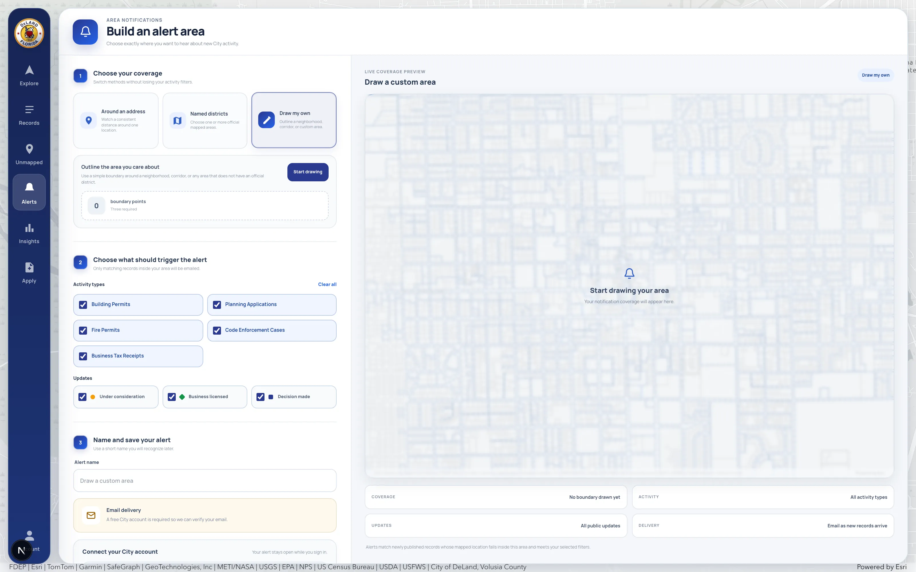 The alert builder: choose coverage by address, named district, or a hand-drawn boundary; pick activity types and status updates; then name and save the alert for email delivery.