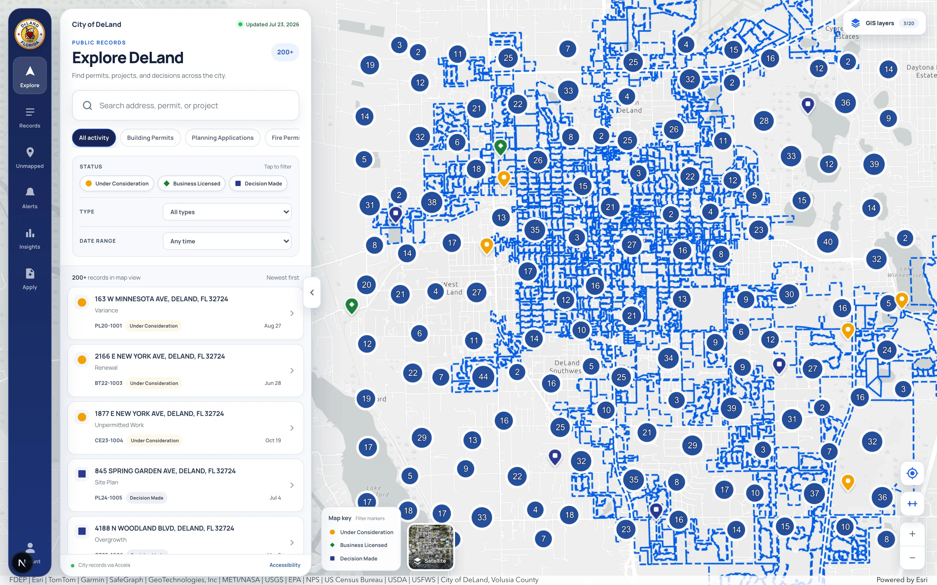 Citywide view of the Aedilio explorer showing clustered record counts across DeLand with zoning boundaries drawn across the whole city.