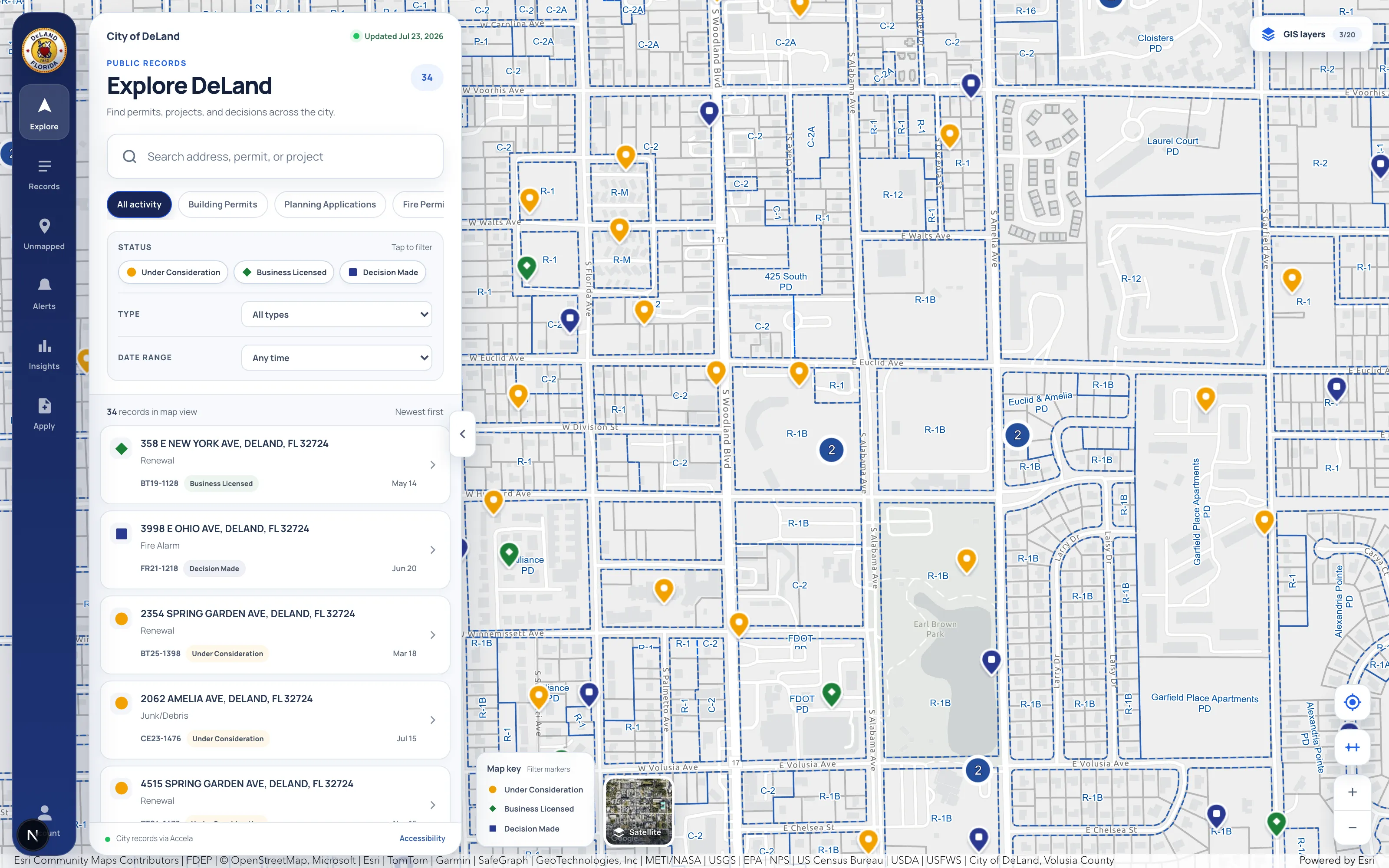 The Aedilio explorer for the City of DeLand: a public map with zoning boundaries and record markers beside a filterable list of permits, planning applications, and code cases.
