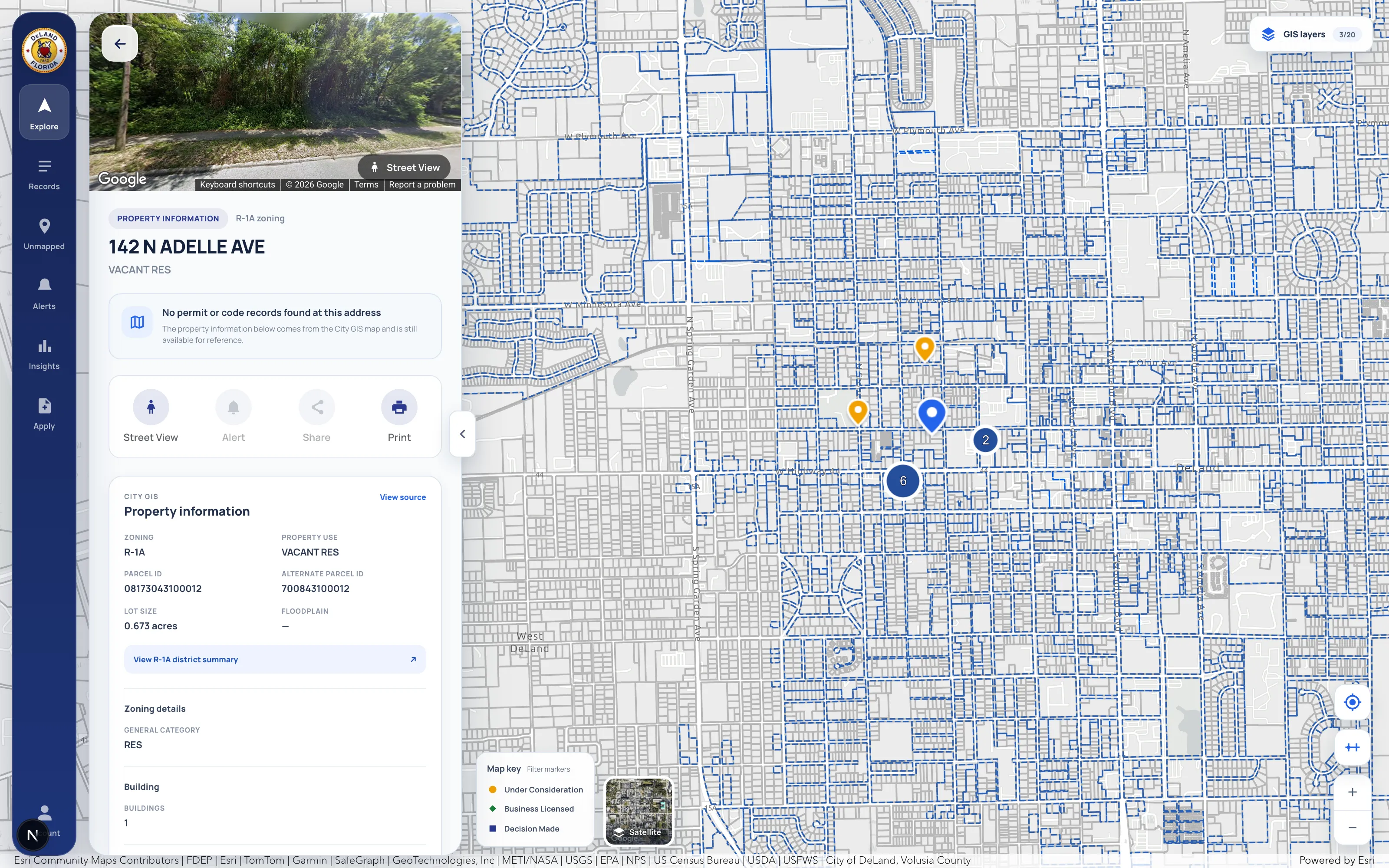 Property panel for 142 N Adelle Ave in DeLand showing a Street View photo, R-1A zoning, parcel identifiers, lot size, and a link to the zoning district summary — for an address with no permit records at all.