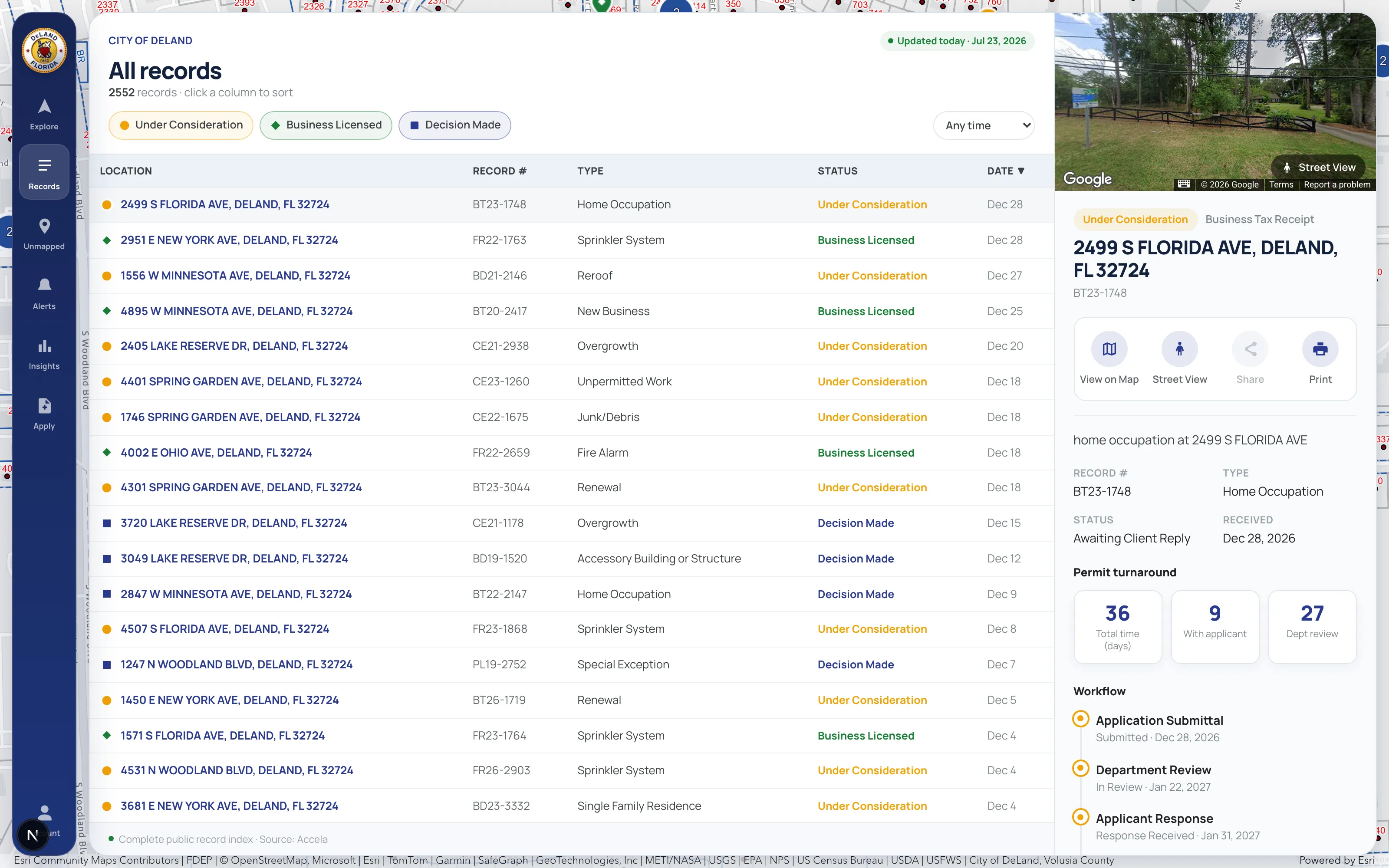 The all-records table beside a record detail panel showing a Street View photo, permit turnaround of 53 days split between applicant and department review, and a step-by-step workflow timeline.